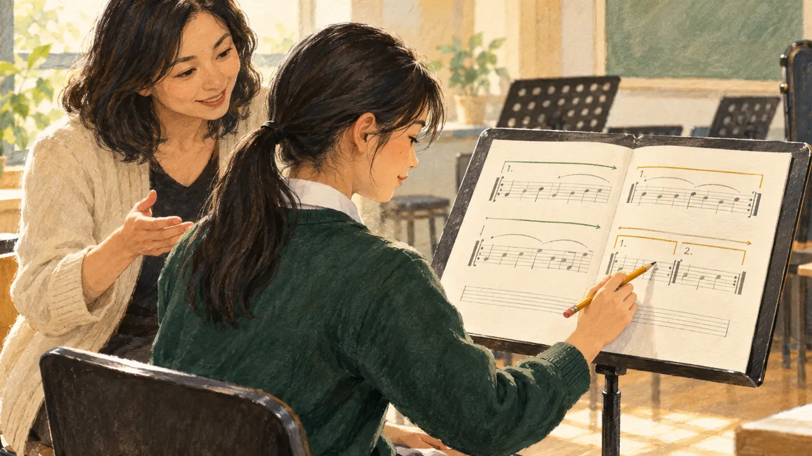 Watercolour illustration of a fictional student tracing repeat signs and numbered endings in a practice score with a teacher.
