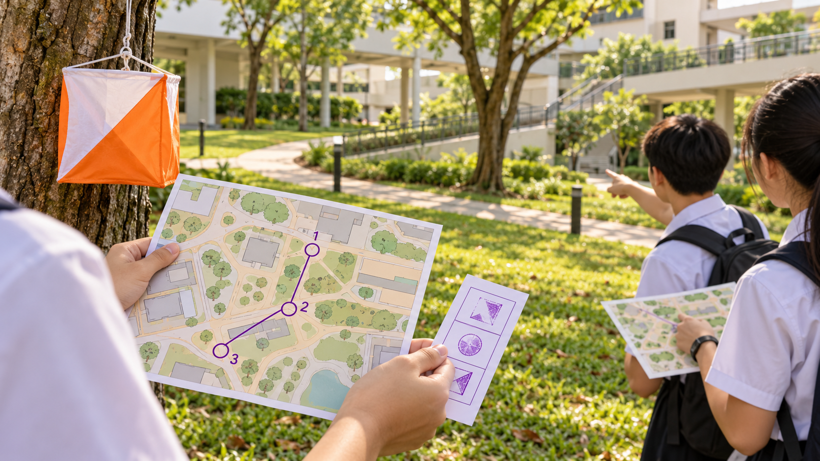 Students compare an orienteering map and stamped control card beside an orange-and-white control flag on a school campus.