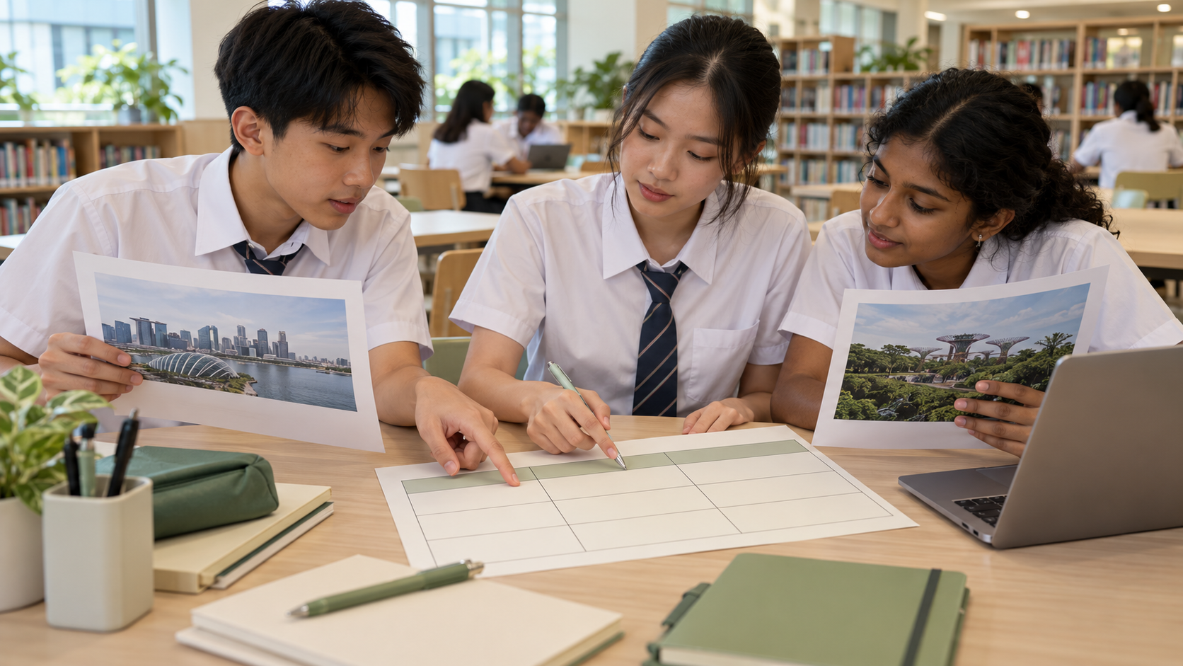 Three secondary-school students comparing two source images beside a structured evidence table in a library