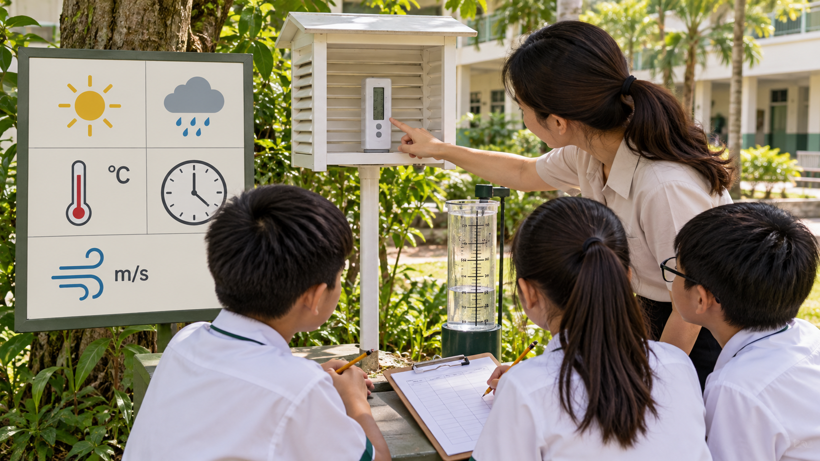 Students and teacher recording a shaded temperature and rain-gauge observation on a field log