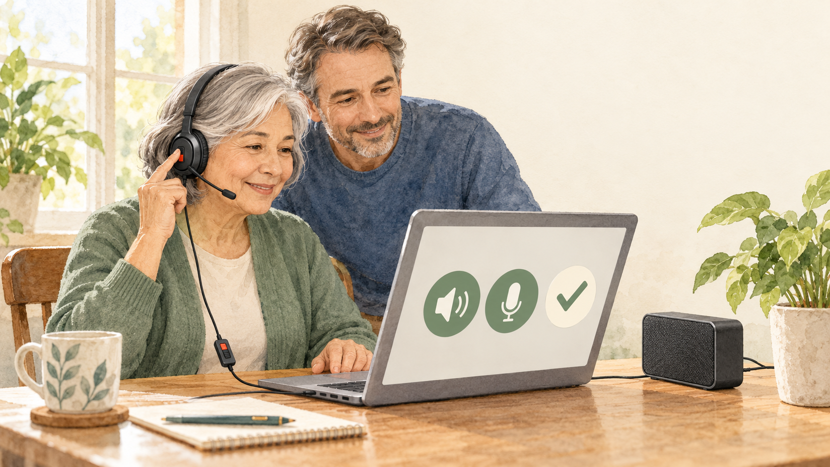 An adult learner checks speaker and microphone settings with a headset before an online class.