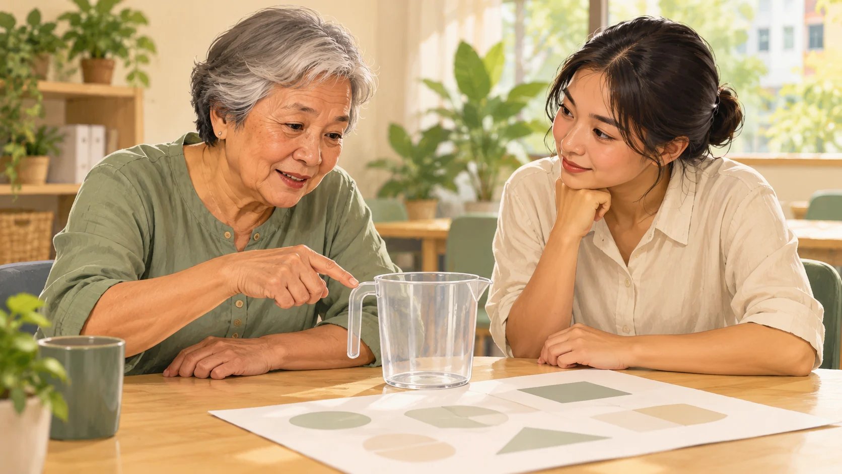 Illustration of an older adult and a younger learner discussing a transparent jug and a practice sheet.