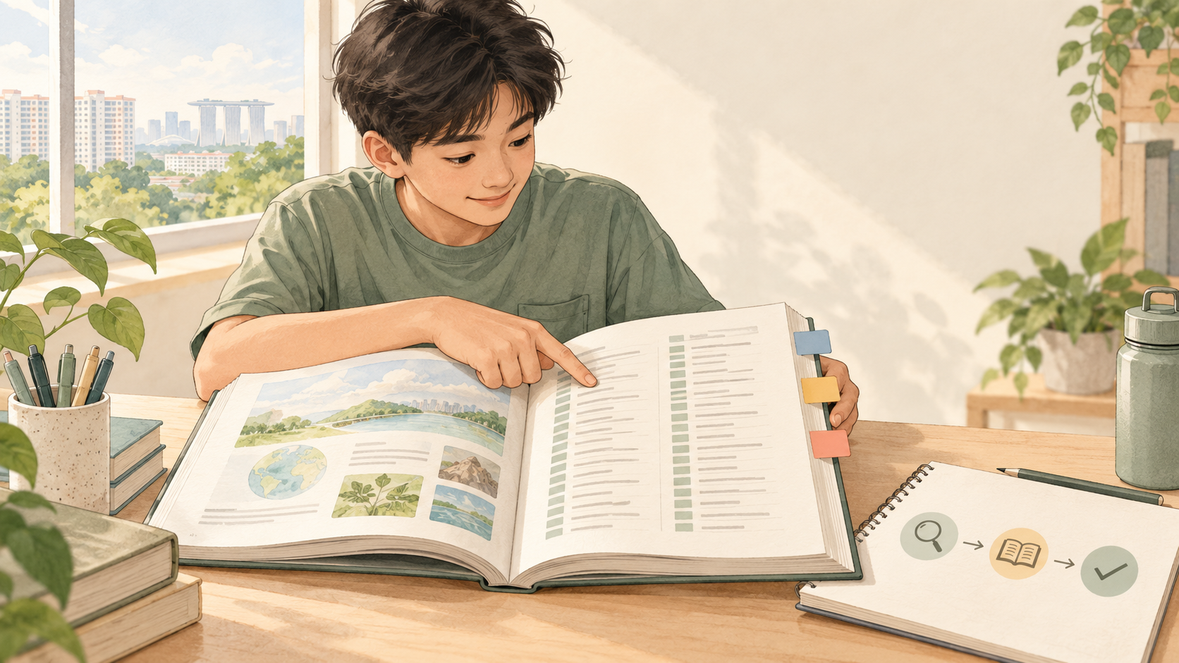 A student uses a textbook index and an icon-based search path to locate and verify information.