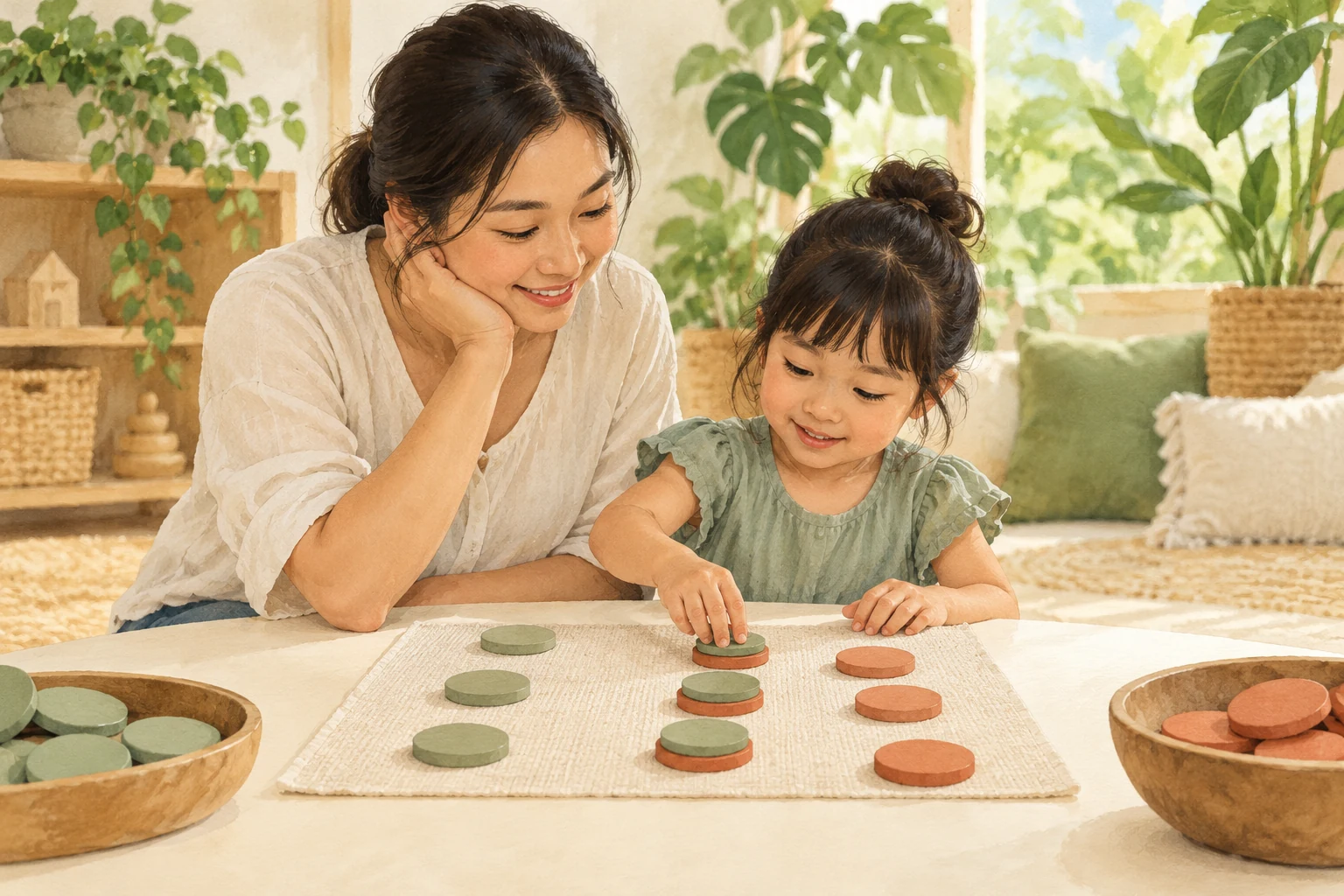 Illustration of a parent and young child comparing green and terracotta wooden counters at a table.