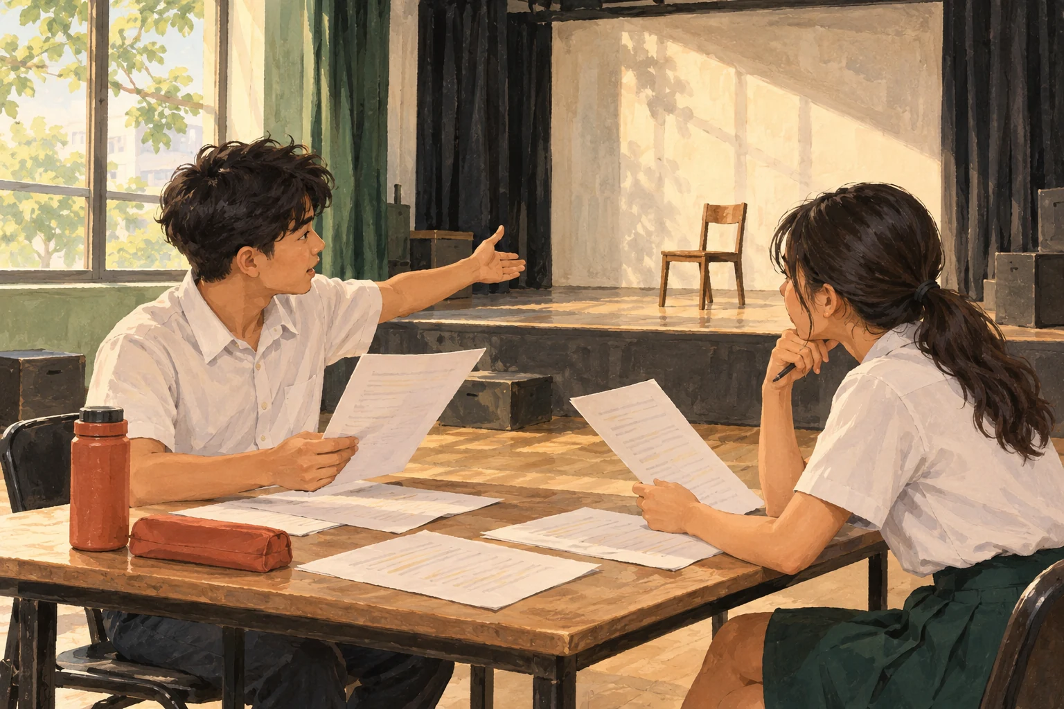 Illustration of two school students discussing script pages beside a rehearsal stage with a chair.