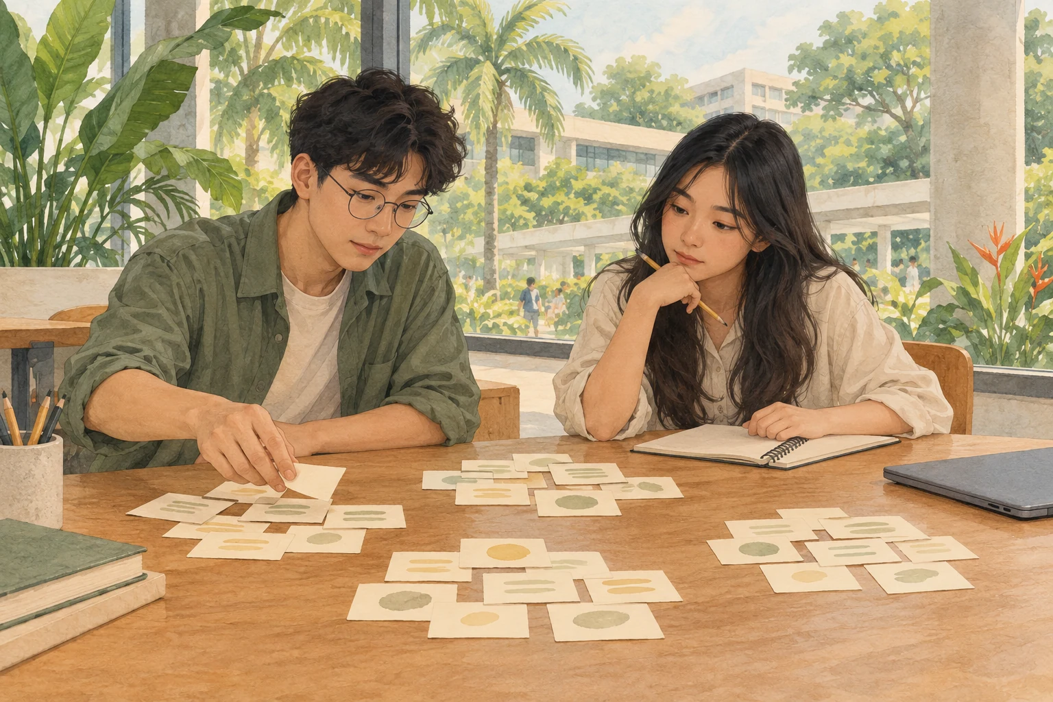 Illustration of university students grouping note cards while discussing responses at a campus study table.