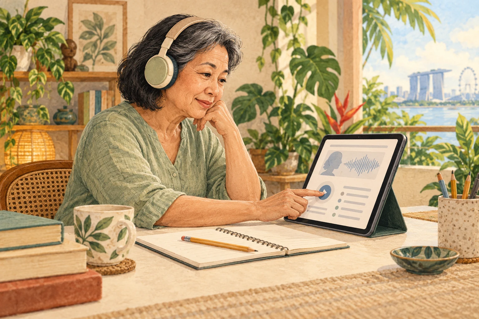 Illustration of an older adult practising pronunciation with a tablet at a home desk.