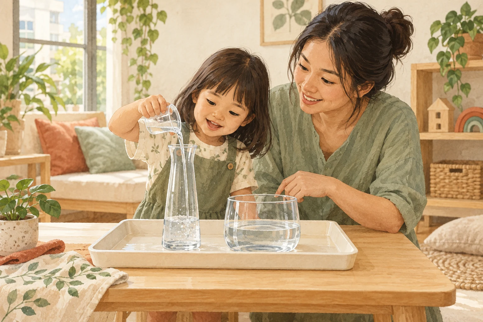 Illustration of a child and adult pouring water between clear containers in a shallow activity tray.