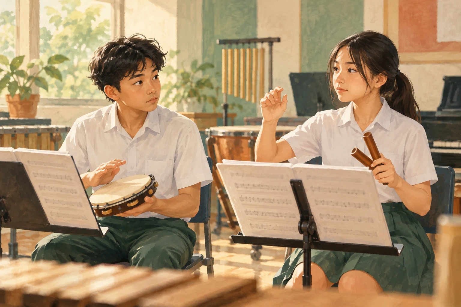 Illustration of two school students following score pages and practising an entry with hand percussion.