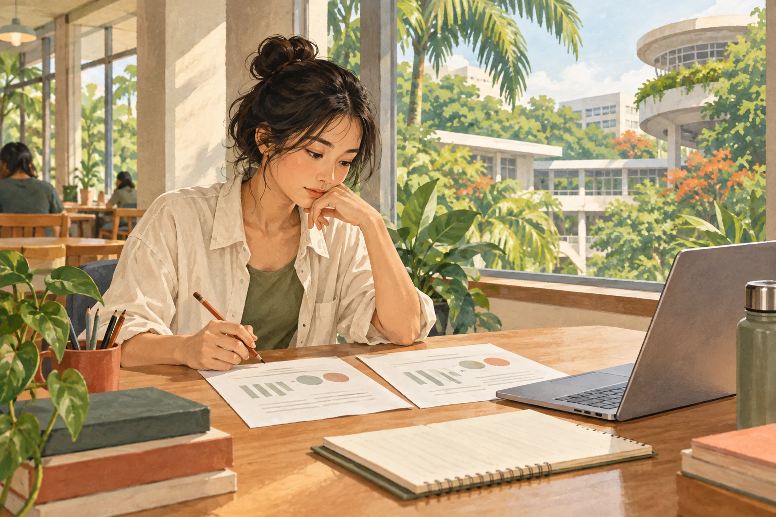 Illustration of a university student checking research-report pages with a pencil at a campus desk.