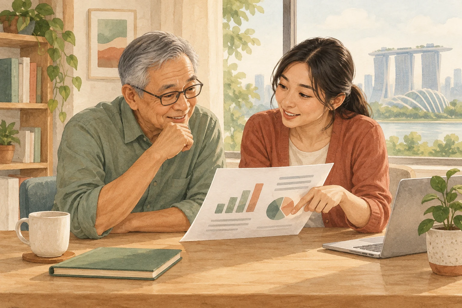 Illustration of an older adult and a younger adult discussing a printed chart at a study desk.