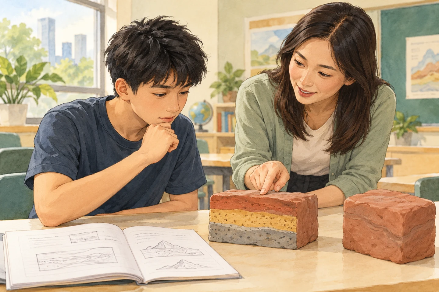 Watercolour illustration of a student and teacher examining the layered face of a soft classroom model beside a notebook.