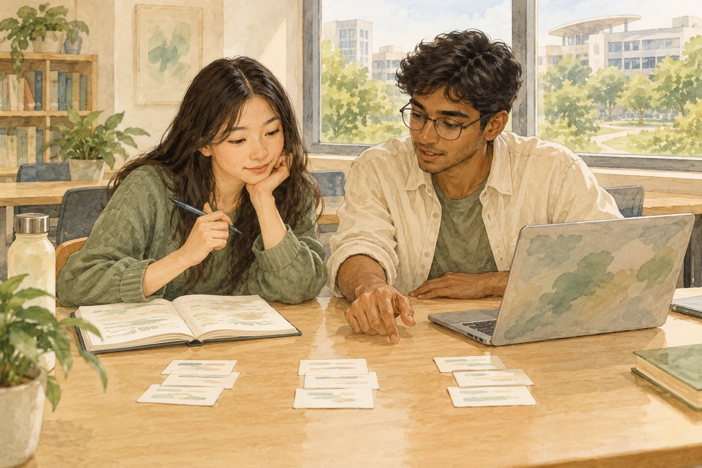 Watercolour illustration of two university students comparing grouped paper records, a notebook and a laptop at a study table.