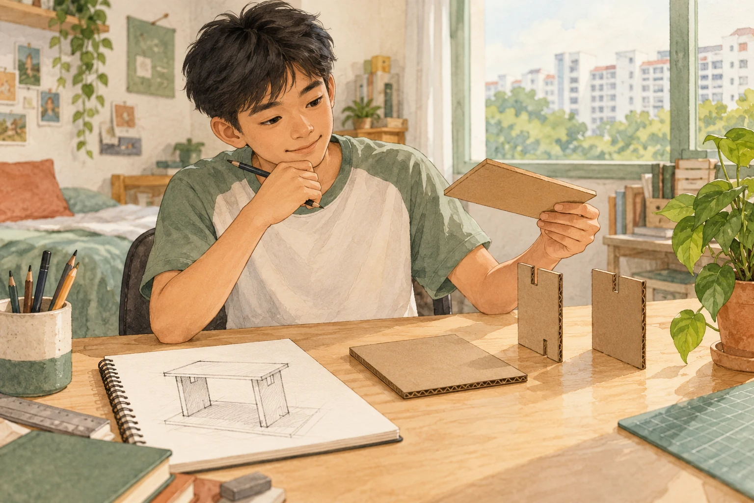 Watercolour illustration of a learner comparing separate cardboard model pieces with a pencil sketch.