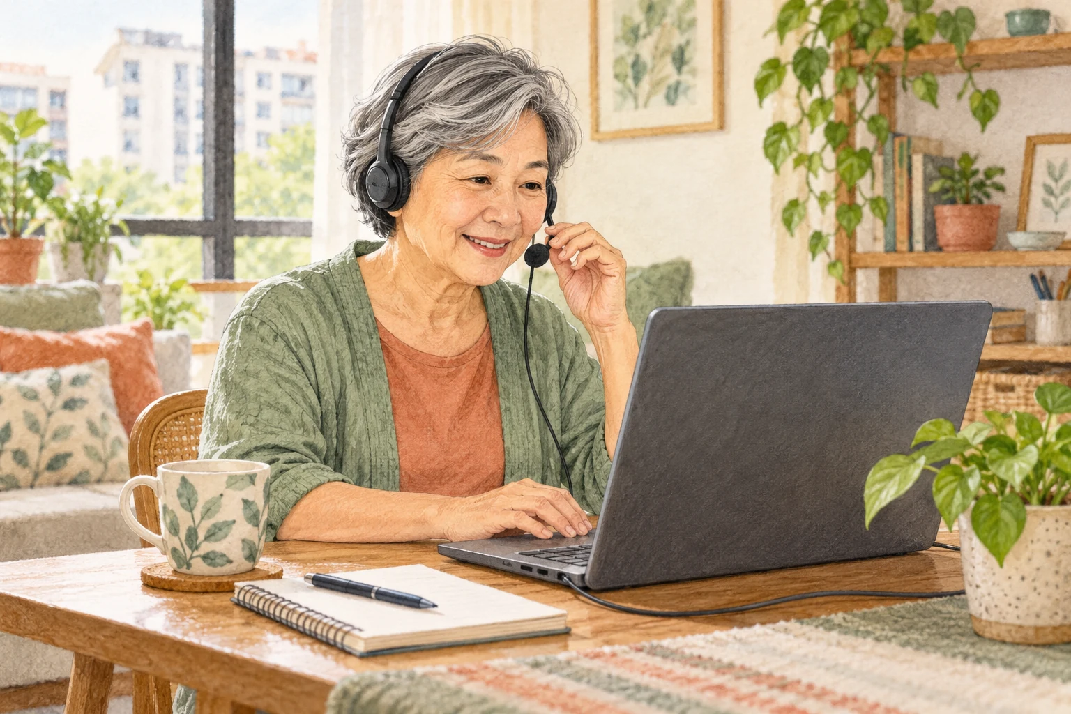 Watercolour illustration of an older adult using a headset and laptop before an online lesson.