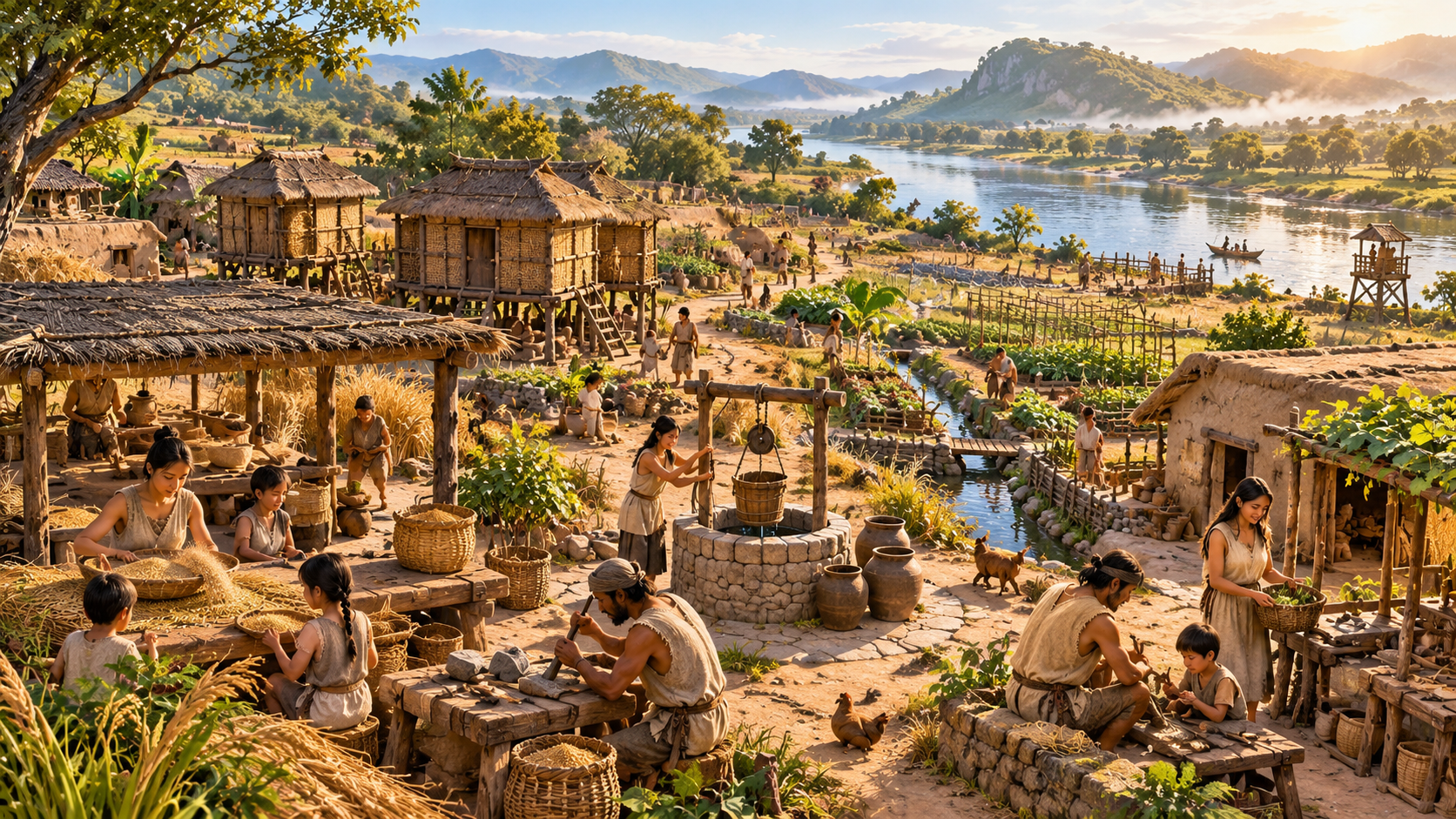 AI-generated conceptual illustration of an imagined riverside settlement with raised storage, gardens, water access, homes and villagers maintaining shared systems.