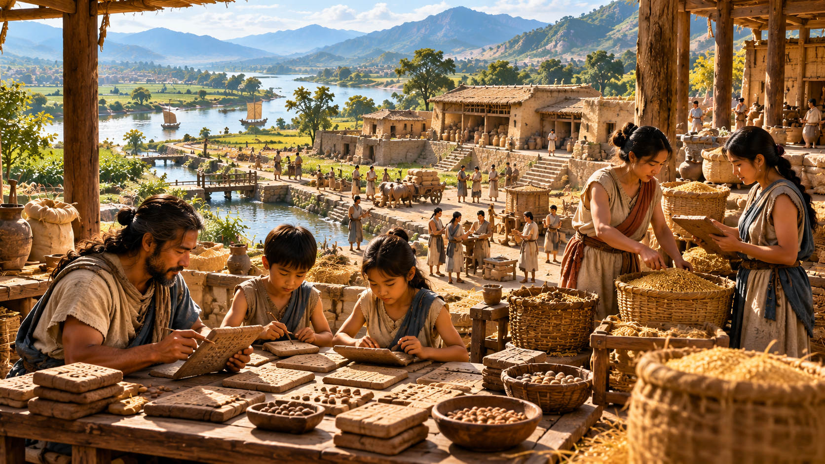 Conceptual AI-generated image of an imagined ancient riverside settlement with students and record keepers checking supply tablets while workers manage storehouses, water and goods.