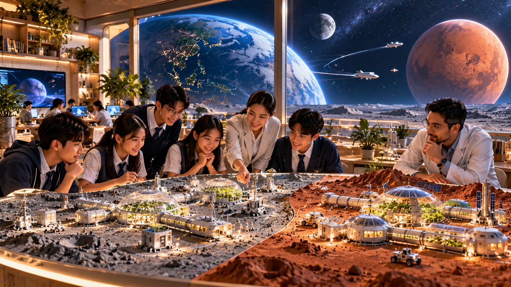 AI-generated fictional educational illustration of Singapore-style students and educators studying tabletop Moon and Mars community models, including domes, greenhouses, rovers and local infrastructure, in a cosmic classroom.