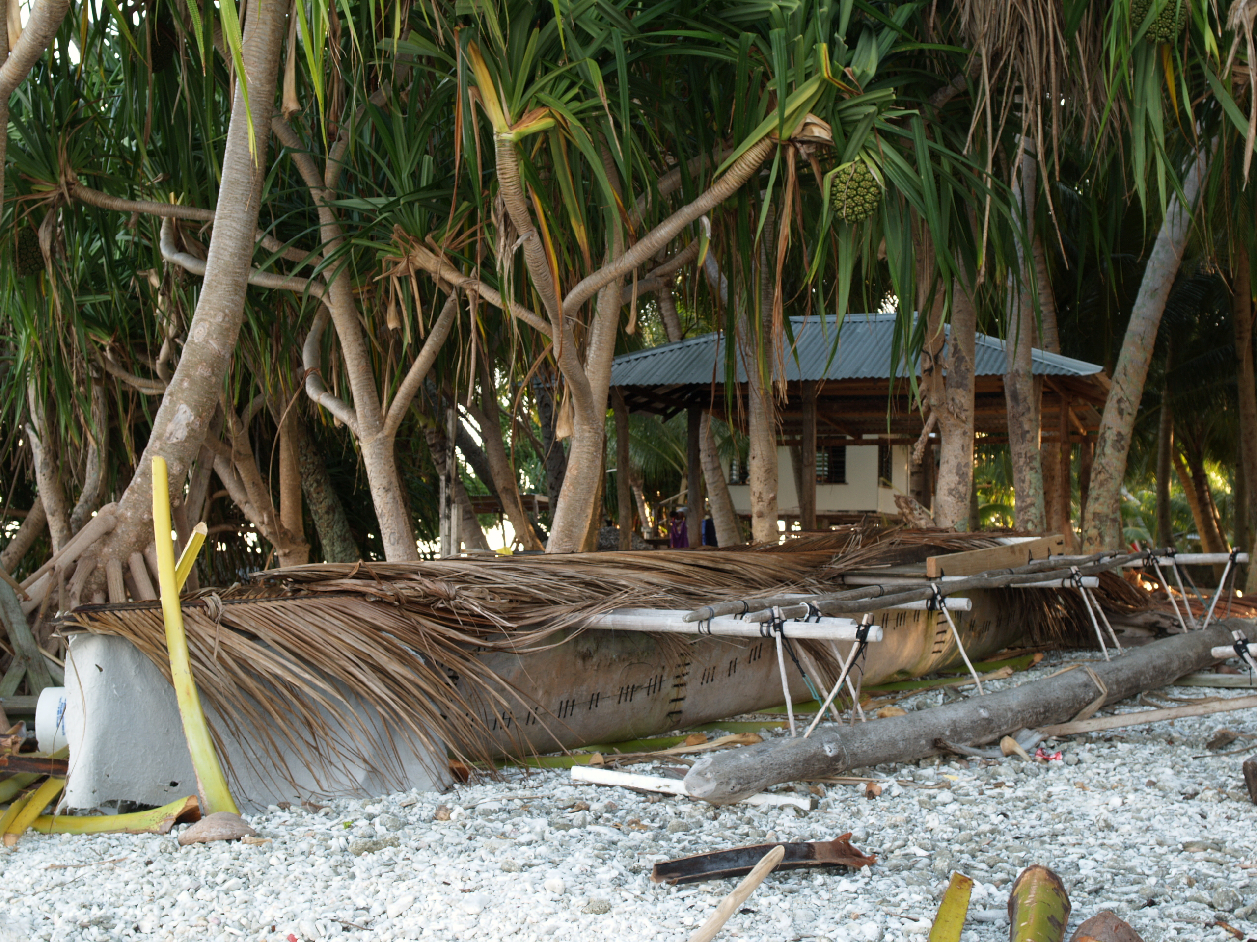 Traditional Tokelauan canoe (vaka) resting on a coral shore beneath pandanus trees on Atafu atoll, photographed in 2007.
