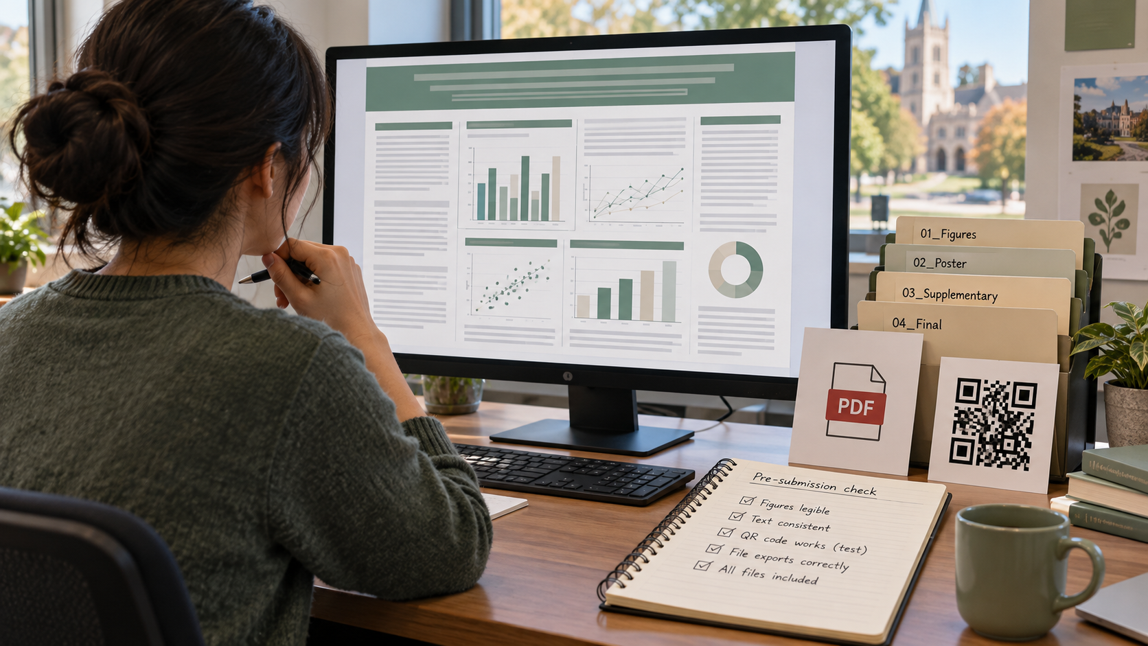 Researcher checking poster figures, source files, QR link and exported PDF against a verification list