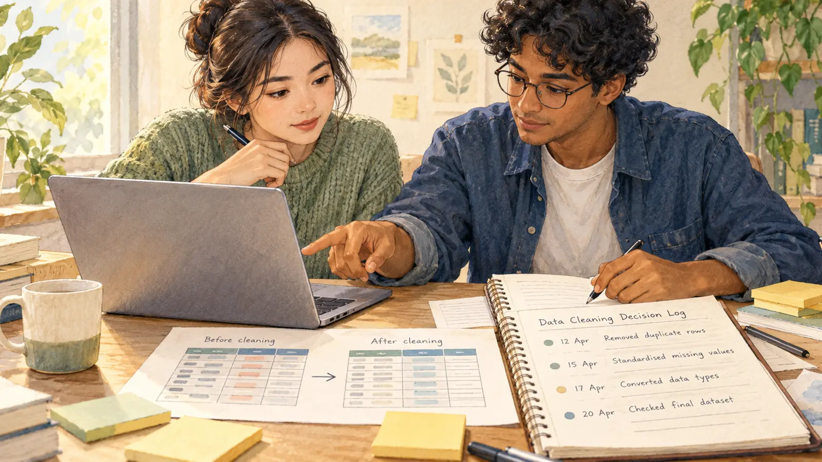 Watercolour illustration of fictional university students comparing a data table with a dated data-cleaning decision log.