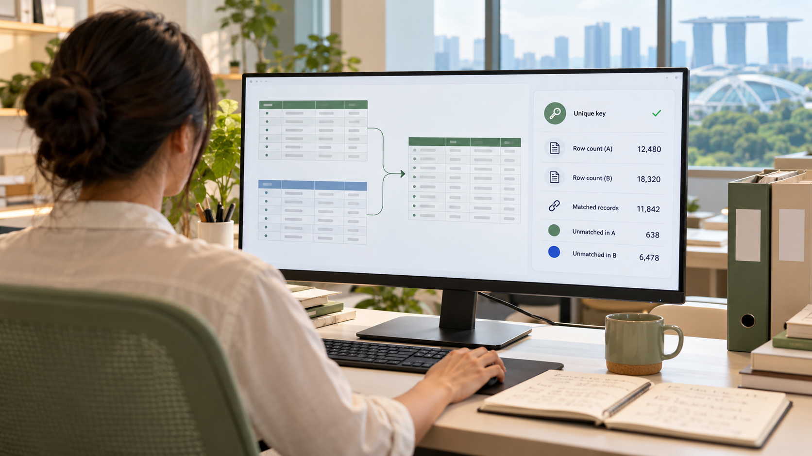 University researcher checking two source tables, a merged table, unique keys, row counts and unmatched-record totals on a wide monitor