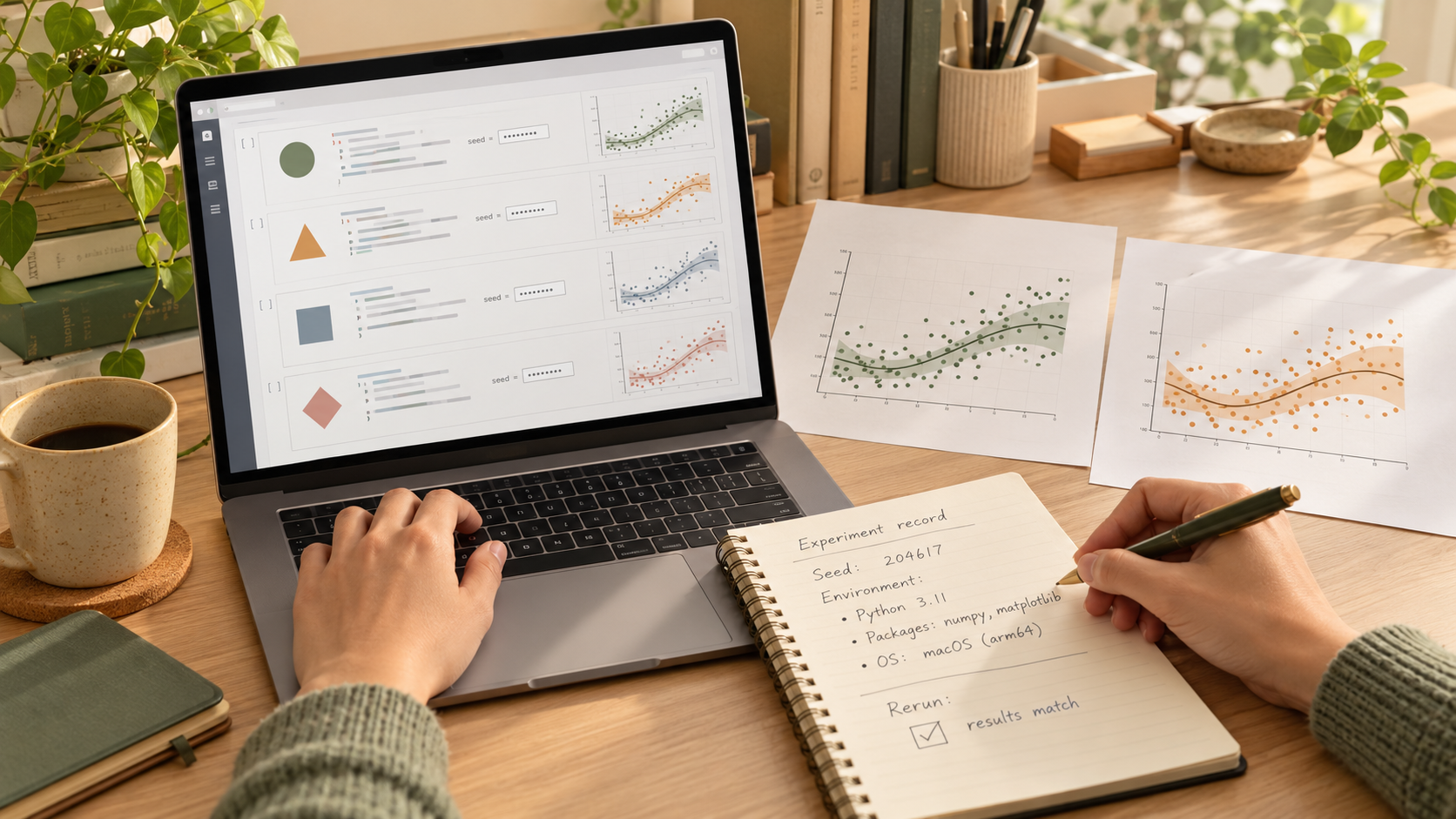 A researcher records a random seed and environment beside a laptop and compares charts from repeated analyses.