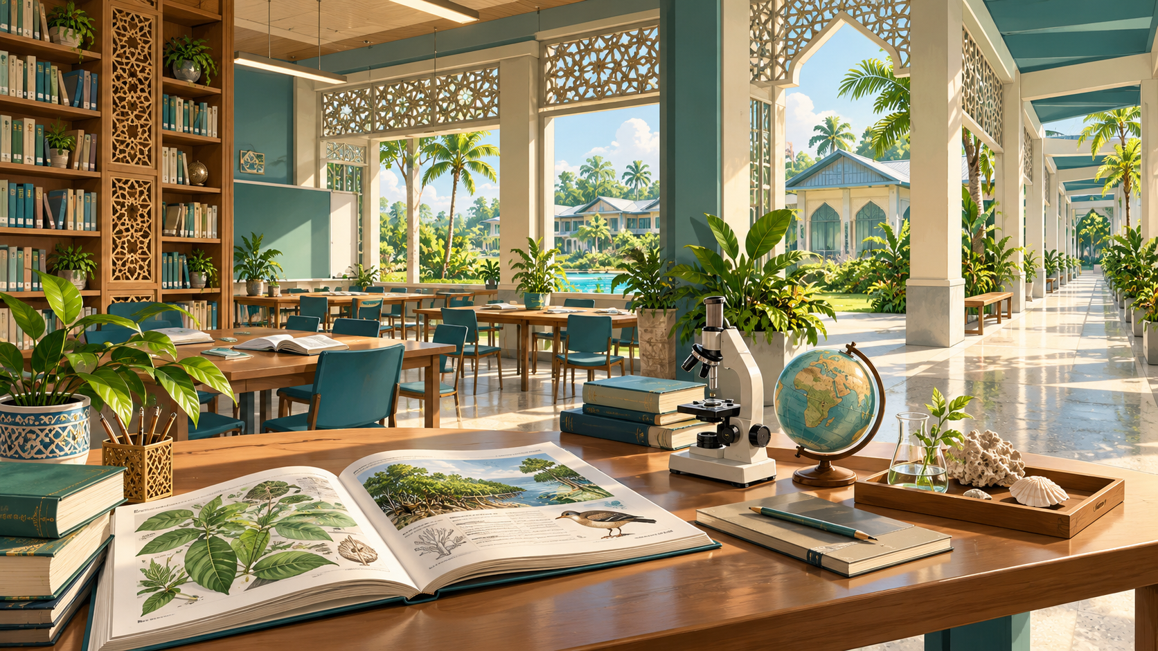 Illustration of an imagined tropical library and classroom with books, science materials and shaded corridors.