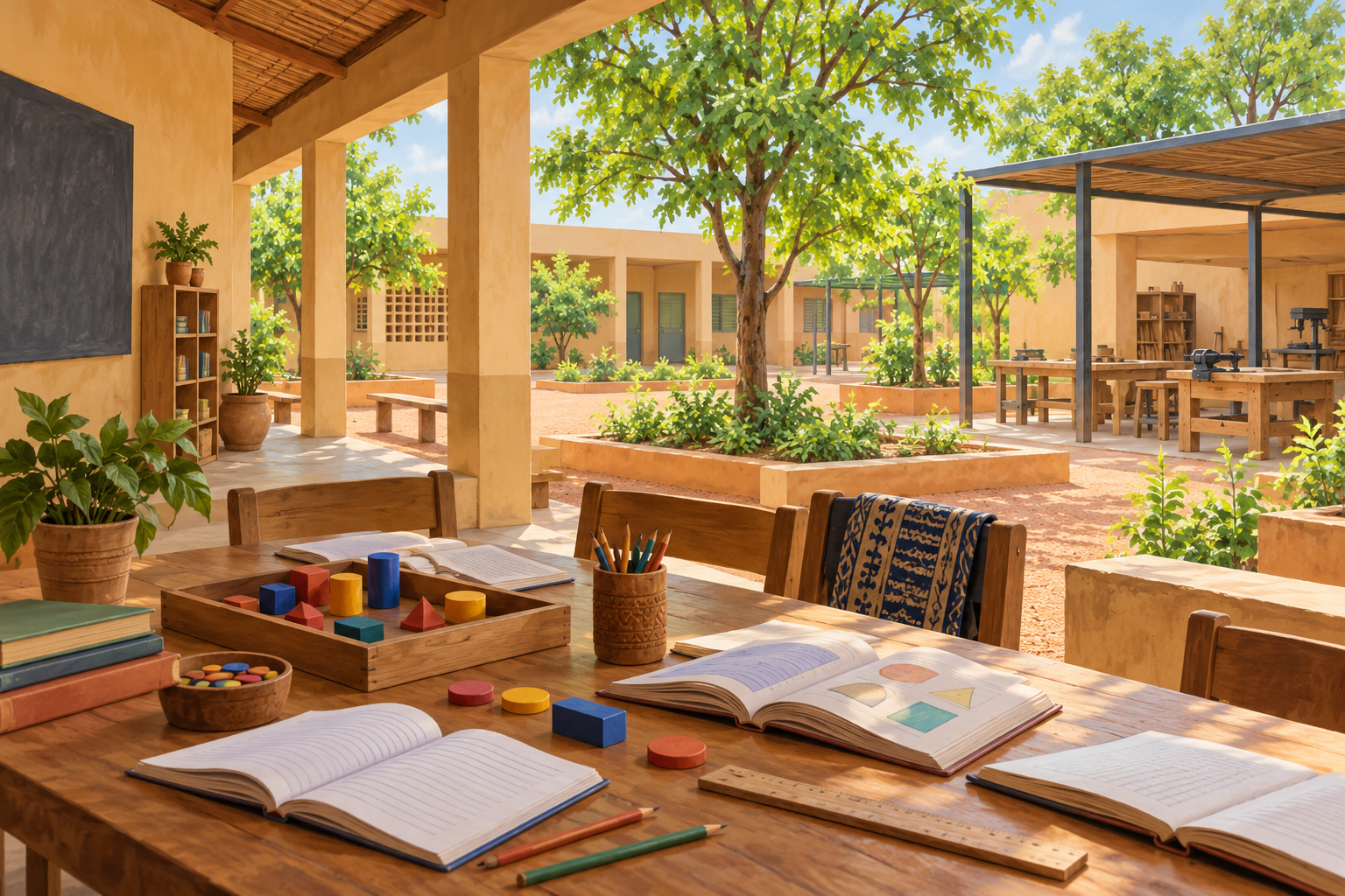 Illustration of an imagined shaded classroom and practical learning courtyard with books and mathematics materials.