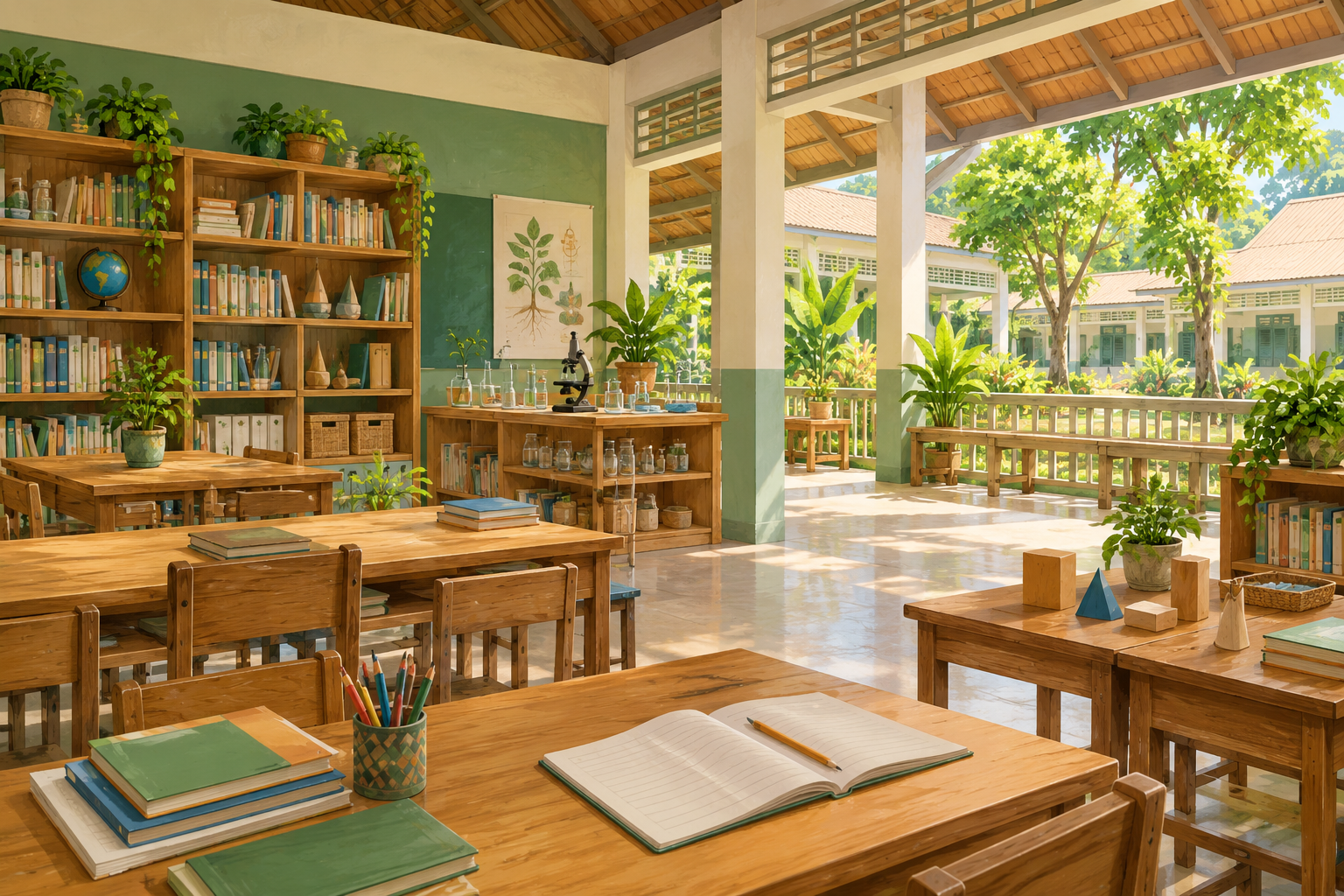 Illustration of an imagined classroom and library with science materials, wooden desks and a leafy tropical courtyard.