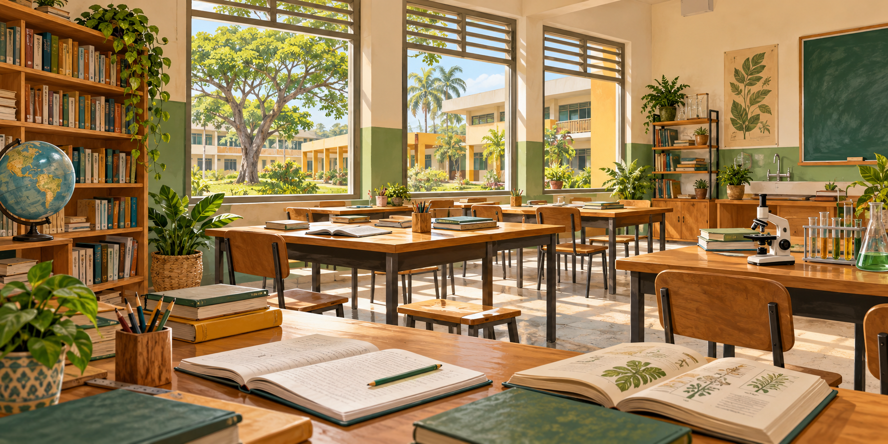 Illustration of an imagined airy classroom and library with books, science equipment and a leafy campus courtyard.