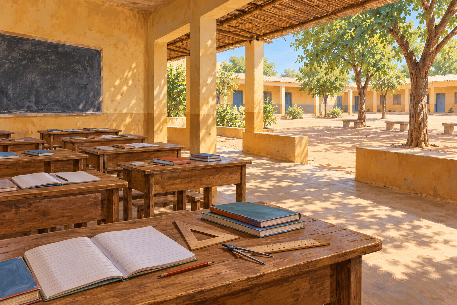 Illustration of an imagined classroom with notebooks, wooden desks and a shaded school courtyard.