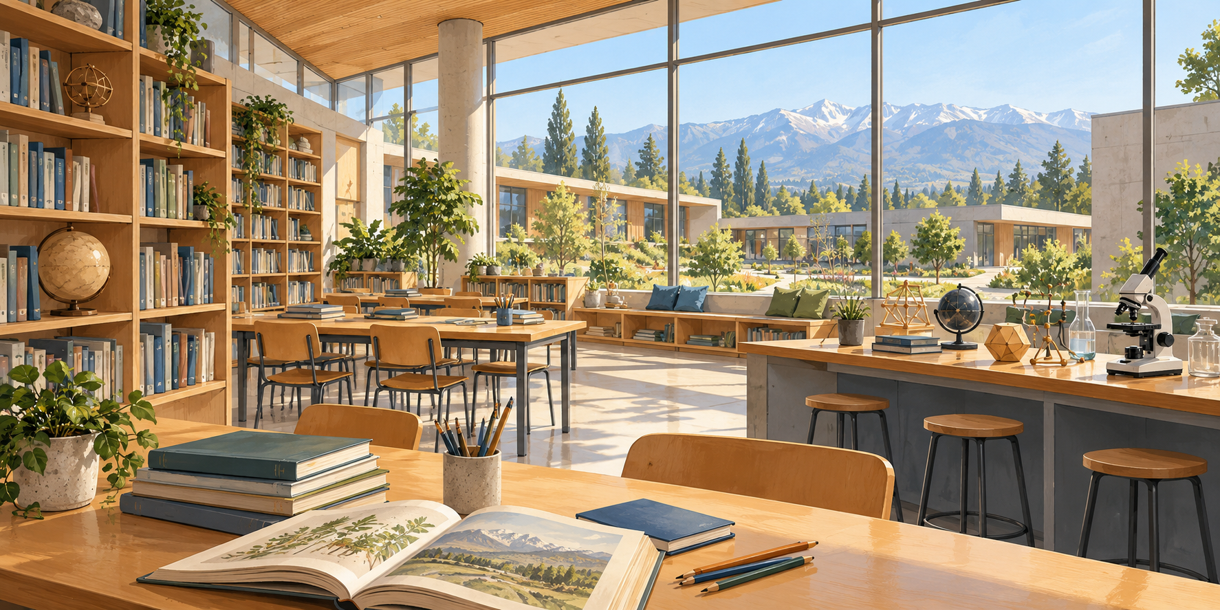 Illustration of an imagined school library and classroom with books, geometry models and a distant mountain view.