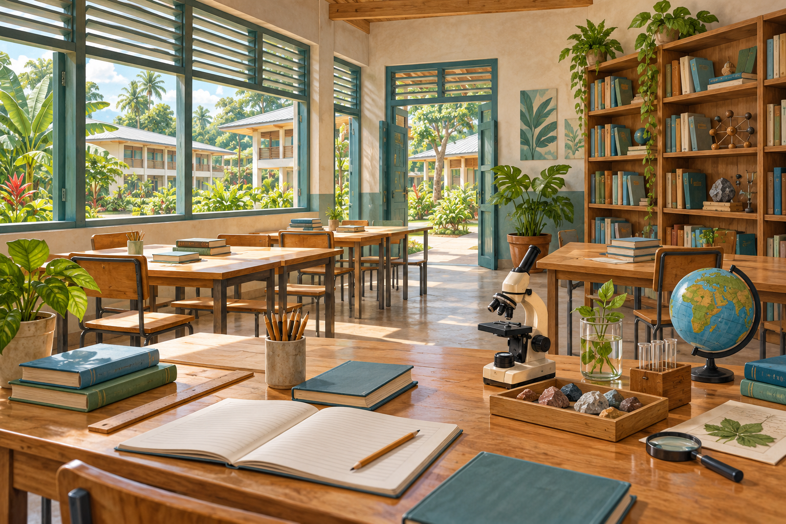 Illustration of an imagined airy classroom and library with books, science materials and a tropical courtyard.