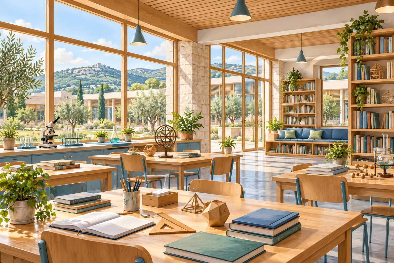 Illustration of an imagined classroom and library with books, science equipment and a green campus courtyard.