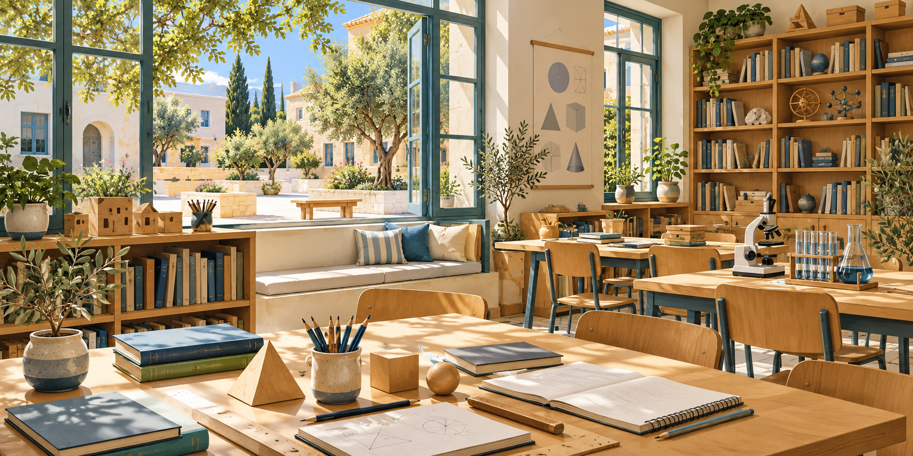 Illustration of an imagined classroom and library with books, geometry models and a shaded Mediterranean courtyard.